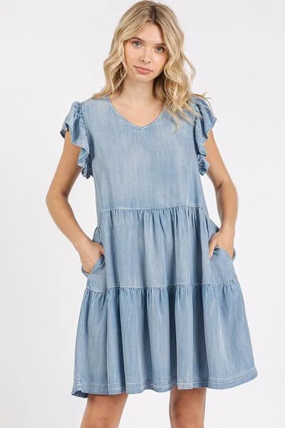 Mittoshop V-Neck Ruffled Cap Sleeve Mini Dress Elegant Velvet Mini Dress