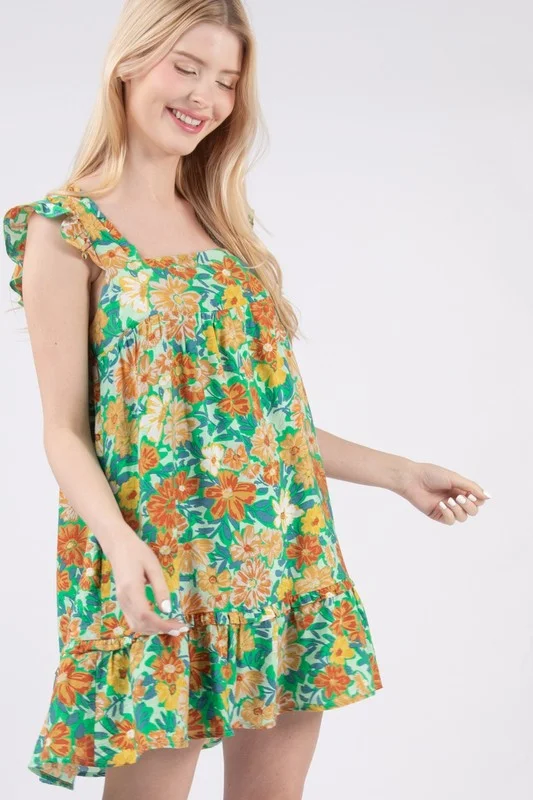 Flare A-Line Floral Mini Dress Trendy Off-Shoulder Dress Mini