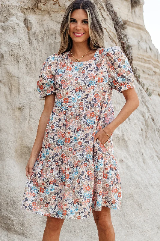 Apricot Bohemian Floral Print Short Puff Sleeve Mini Dress Cozy Cowl Neck Mini Dress