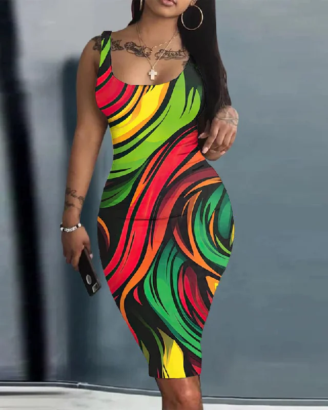Reggae Wave Colors Bodycon Scoop Neck Mini Dress Trendy Button-Detail Mini Dress