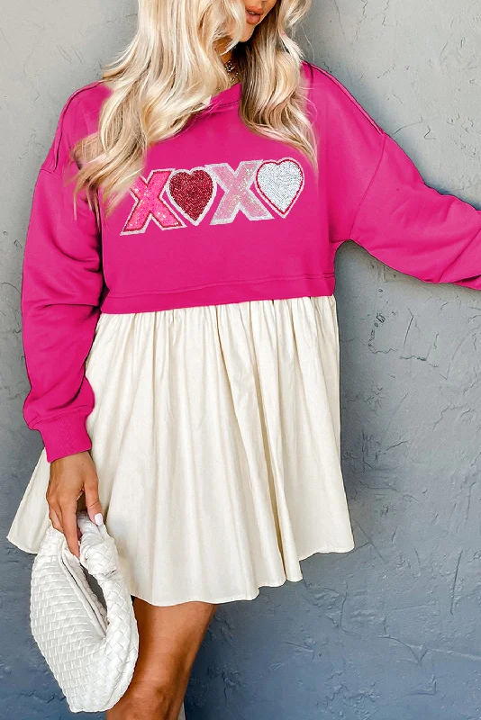 Rose Red XOXO Heart Patched Casual Sweatshirt Mini Dress Trendy Camisole Mini Dress