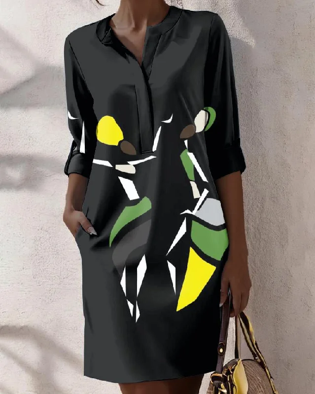 Tribal Dancing Girls Print Pocke O Neck Mini Dress Cozy Jersey Mini Dress