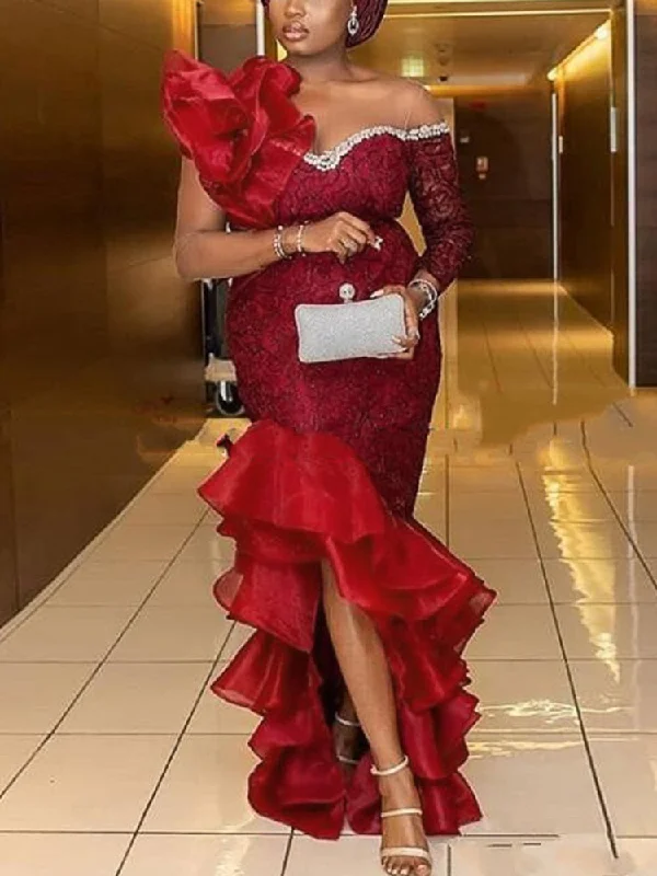 Women Formal Party Dresses Off Shoulder One Sleeve Tiered Ruffle Slit Long Burgundy Lace Dress Elegant 2022 Prom Evening Gown Tunics Silk luxurious Women Formal Party Dresses Off Shoulder One Sleeve Tiered Ruffle Slit Long Burgundy Lace Dress Elegant 2022 Prom Evening Gown Tunics Silk luxurious