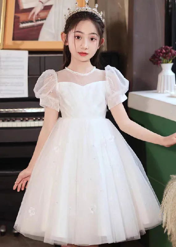 Cute White Embroideried Patchwork Tulle Girls Long Dresses Short Sleeve XZ027 Tunics Mesh breathable Cute White Embroideried Patchwork Tulle Girls Long Dresses Short Sleeve XZ027 Tunics Mesh breathable