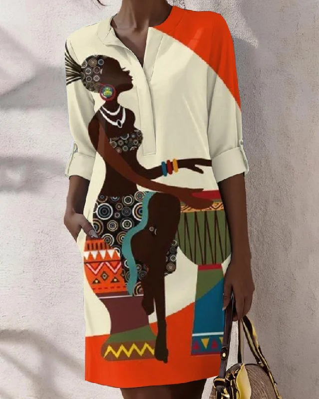 Tribal Drumming Girl Print Pocke O Neck Mini Dress Trendy A-Line Mini Dress