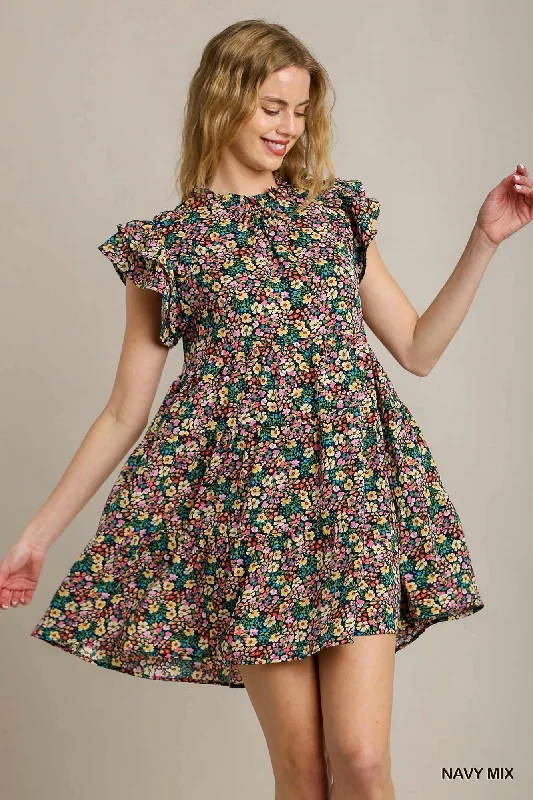 Floral Print Mini Dress Classic Black Mini Dress