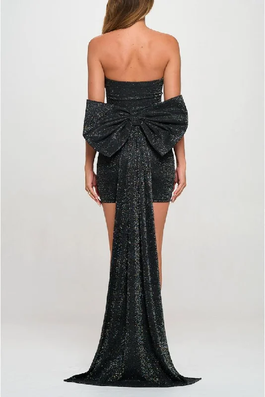 Mrs. Show Stopper Glitter Ruched Mini Dress with Detachable Back Bow - Black Fashionable Boho-Chic Mini Dress