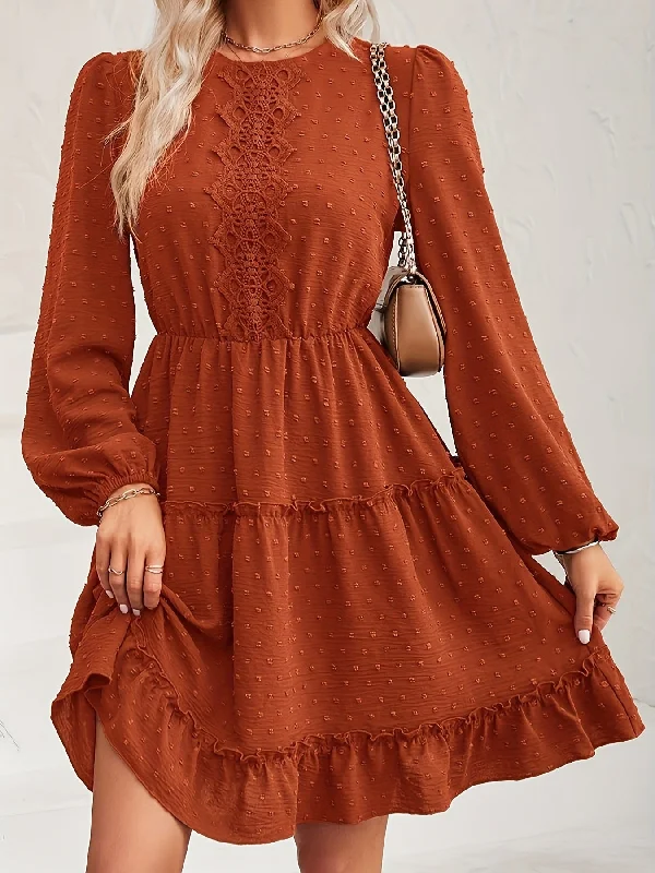 Lace Detail Swiss Dot Round Neck Mini Dress Classic Shift Mini Dress