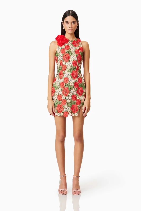 Roselyn Embroidered Mini Dress In Red Comfortable Bodycon Mini Dress