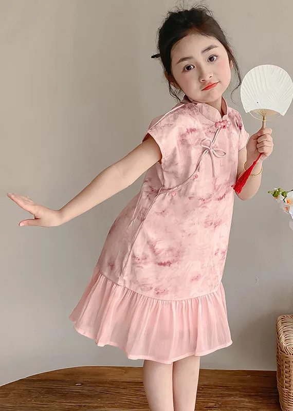 Art Pink Stand Collar Print Patchwork Kids Maxi Dress Short Sleeve MN021 Tunics Sophisticated sleek