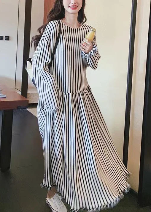Chic O Neck Striped Patchwork Cotton Long Dresses Long Sleeve BV038 Tunics Trousers formal Chic O Neck Striped Patchwork Cotton Long Dresses Long Sleeve BV038 Tunics Trousers formal
