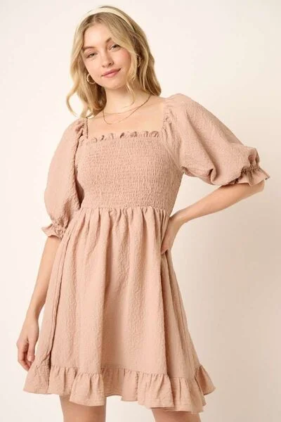 Mittoshop Smocked Ruffled Hem Half Sleeve Mini Dress Cozy Ruched Mini Dress