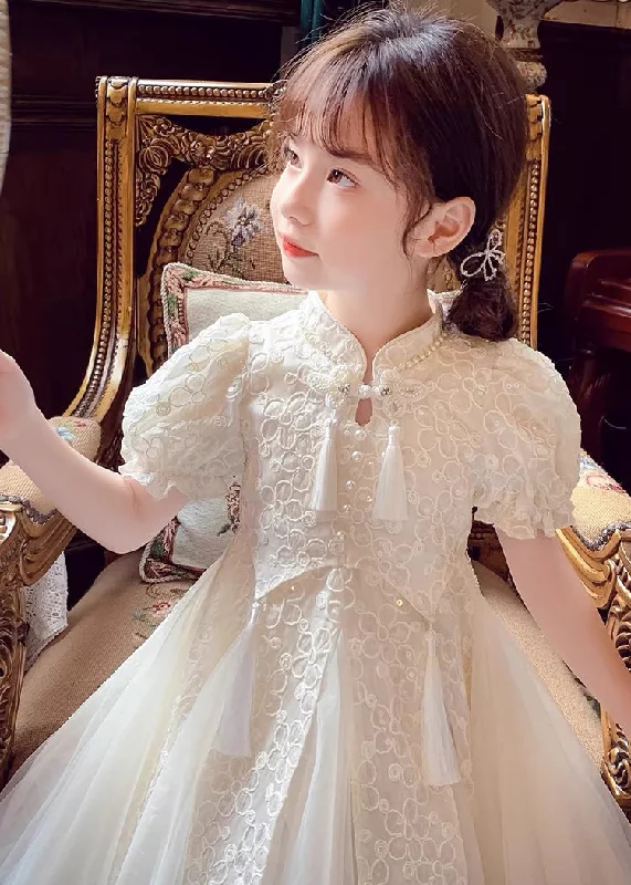 Chinese Style Beige Stand Collar Nail Bead Tulle Girls Maxi Dress Summer XZ036 Tunics Essential wardrobe