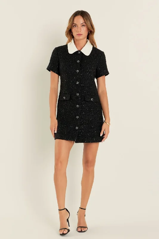 English Factory - Collar Pointed Tweed Mini Dress Trendy Floral Mini Dress