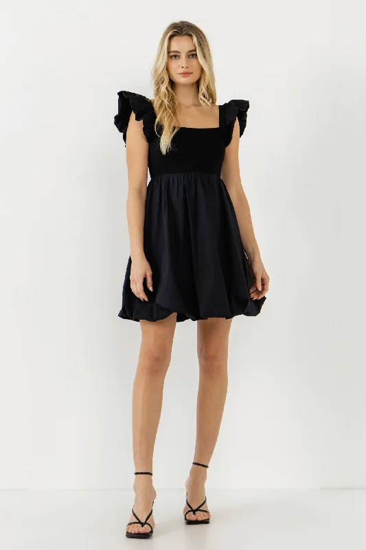 Endless Rose - Mix Media Balloon Detail Mini Dress Stylish Short Sleeve Mini Dress