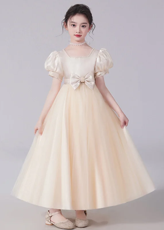 Unique Champagne Bow Nail bead Tulle Girls Long Dresses Short Sleeve XZ025 Boatneck Modish Everyday
