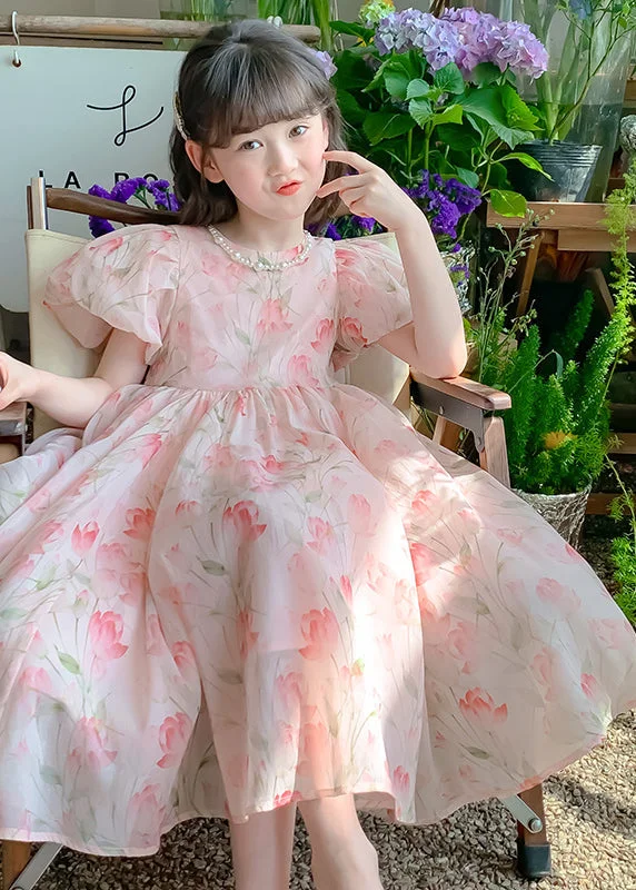 Lovely Pink Print Wrinkled Chiffon Girls Long Dress Short Sleeve XZ028 Tunics Leisure comfortable Lovely Pink Print Wrinkled Chiffon Girls Long Dress Short Sleeve XZ028 Tunics Leisure comfortable