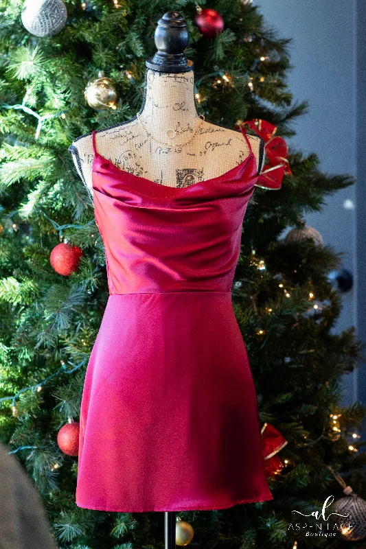 Luxe Reputation Mini Dress (Dark Cherry) Elegant Satin Lace Mini Dress