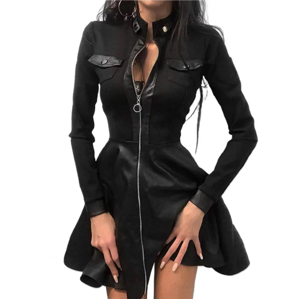 Faux Leather Lace Mini Dress Trendy Off-Shoulder Dress Mini