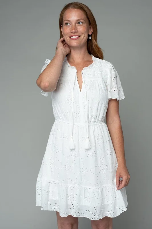 Megan Short Sleeve Eyelet Mini Dress White Cozy Cotton Mini Dress