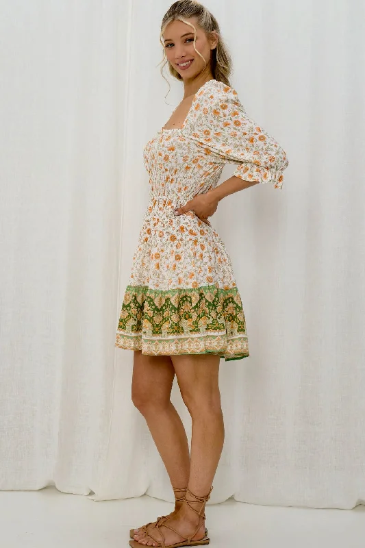 Marla Shirred Mini Dress - Orange/Green Tunics Custom made