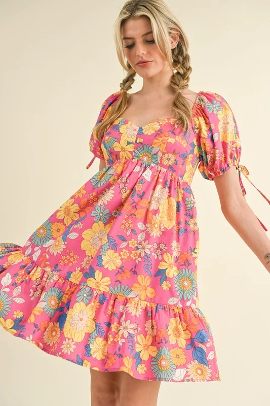 FLORAL SWEETHEART NECK MINI DRESS Comfortable Ruffle Mini Dress