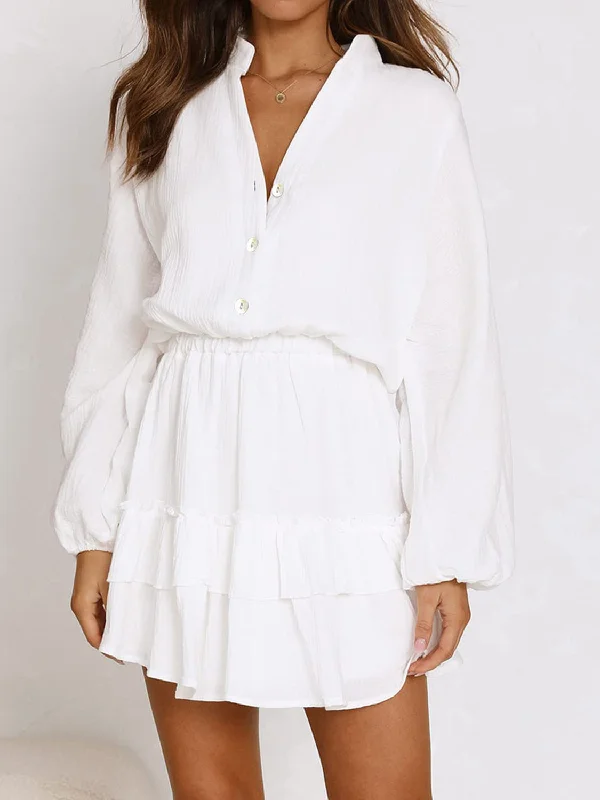 Ruffled Notched Balloon Sleeve Mini Dress Stylish Ruffle Mini Dress