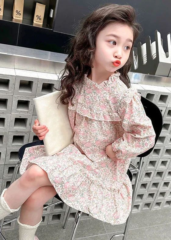 Lovely Pink Ruffled Print Cotton Girls Long Dress Fall XZ085 Tunics Gym athletic