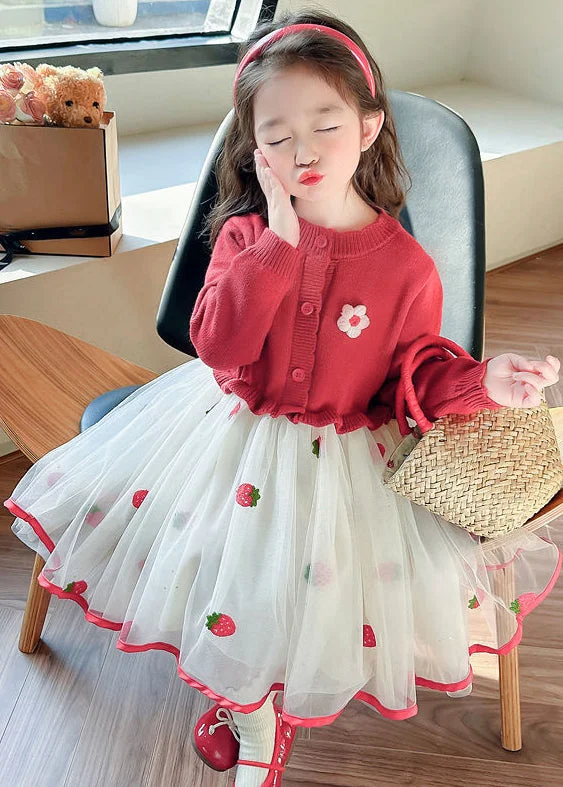 Cute Red Ruffled Tulle Patchwork Knit Girls Long Dress Fall XZ050 Tunics Handmade artisanal