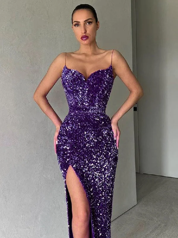 Women Evening Slip Dress 2023 Elegant Luxury Woman V-neck High Waist Tunic Midi Wedding Birthday Party Sequin Dresses Purple Red Tunics Ceremony elegant