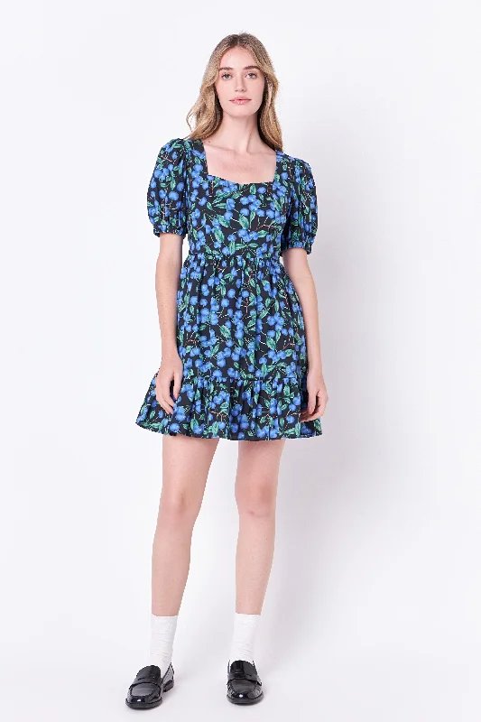 English Factory - Blueberry Print Mini Dress with Puff Sleeves Cozy Ribbed Mini Dress English Factory - Blueberry Print Mini Dress with Puff Sleeves Cozy Ribbed Mini Dress