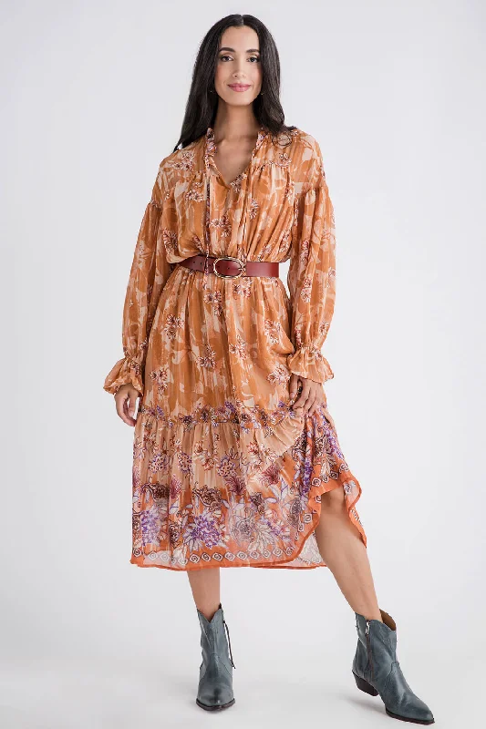 &Merci Floral Border Print Midi Dress Crew Neckline Sporty