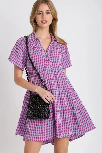 Gingham Tiered Mini Dress Trendy Button-Detail Mini Dress