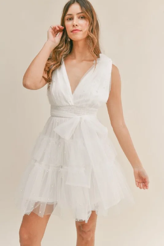 Sophia Pearl Tiered Tulle Mini Dress - White Classic Solid Mini Dress
