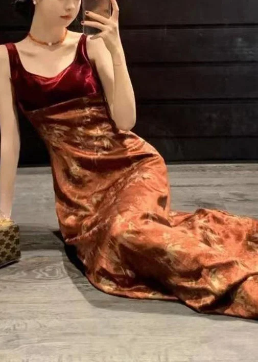 Slim Red Print High Waist Silk Long Dress Sleeveless ZL073 Tunics Versatile all-occasion Slim Red Print High Waist Silk Long Dress Sleeveless ZL073 Tunics Versatile all-occasion