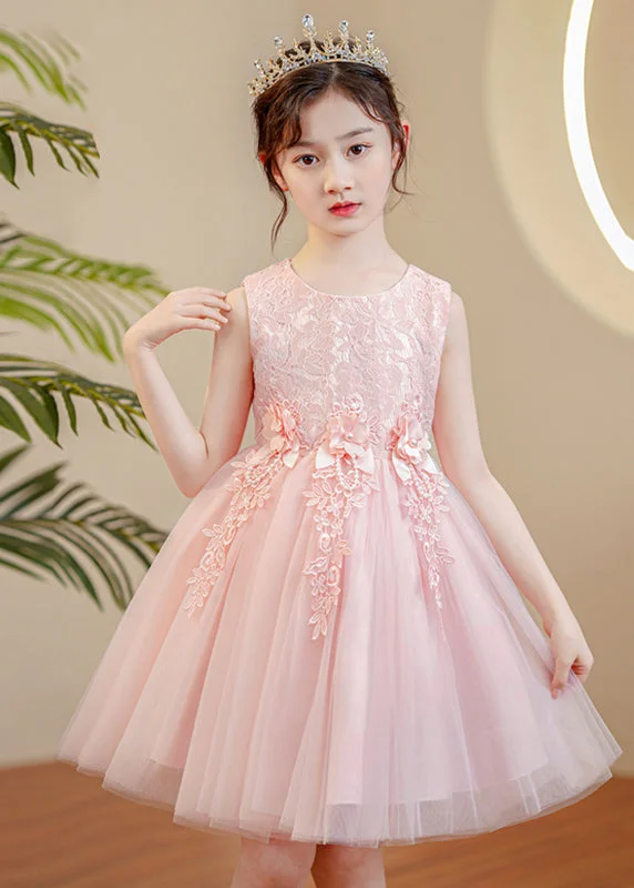 Cute Pink O-Neck Floral Pearl Tulle Girls Maxi Dress Sleeveless XZ049 Tunics Bridal satin