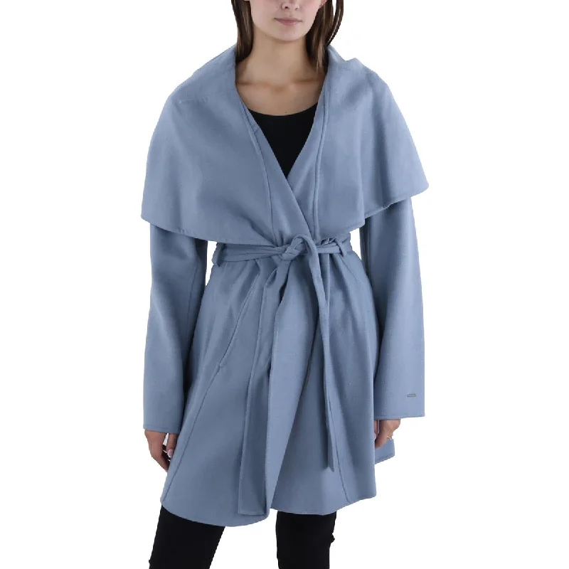Tahari Womens Wool Blend Belted Wrap Coat Peter Pan Collar Cowl Neck Turtleneck