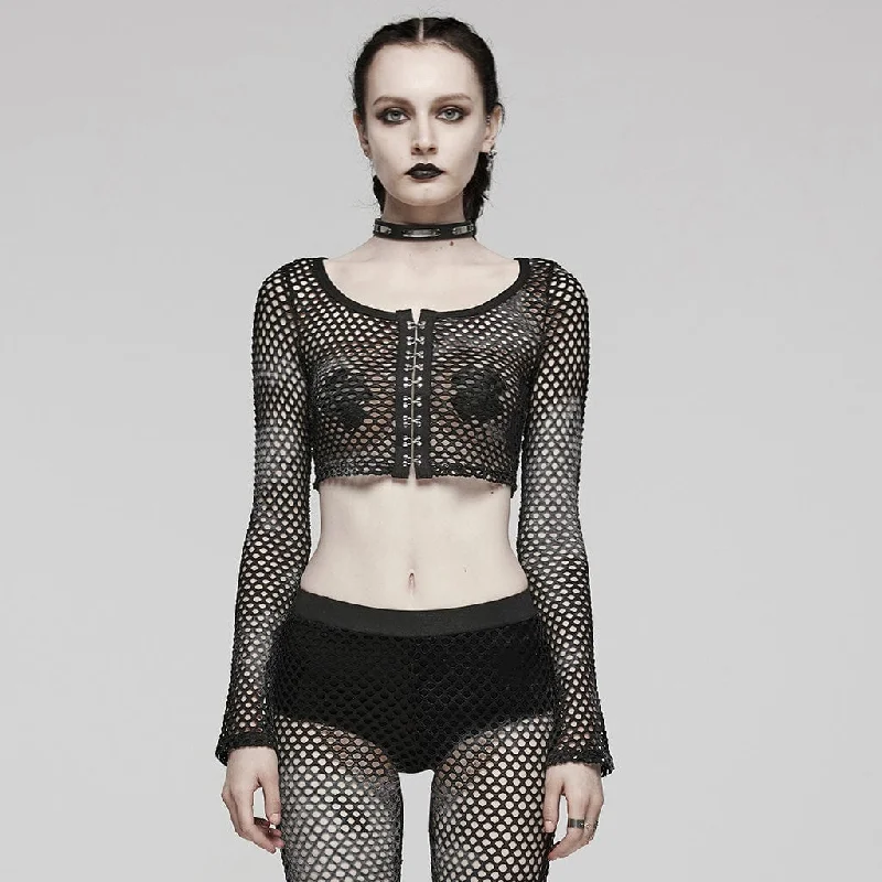 Women's Punk Mesh Tie-dyed Long Sleeved Crop Top Black Nylon Fabric Polyester Fabric Spandex Fabric