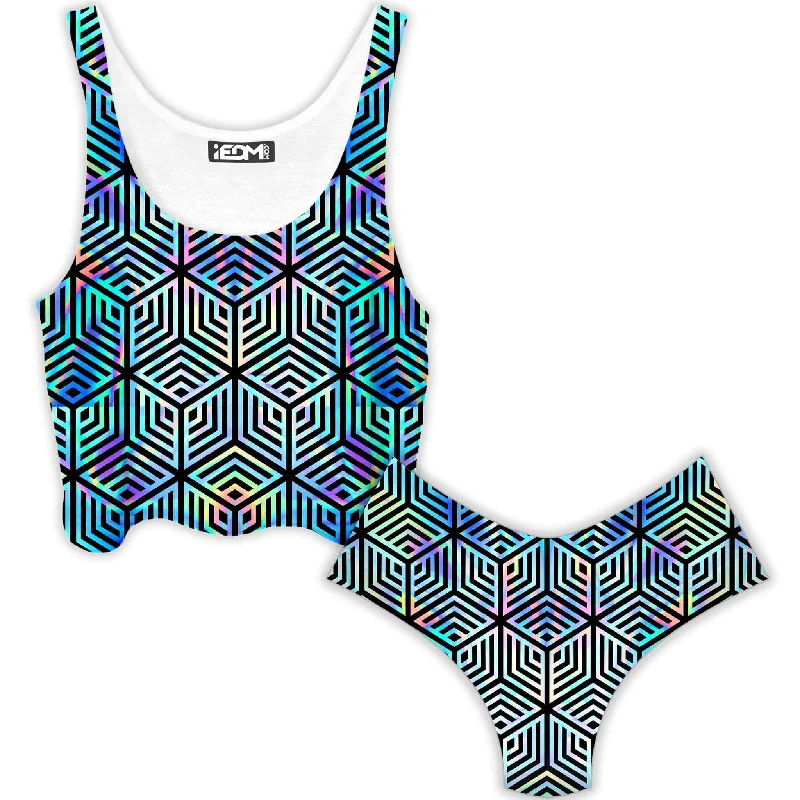 Holographic Hexagon Crop Top and Booty Shorts Combo Cozy Warm Stylish