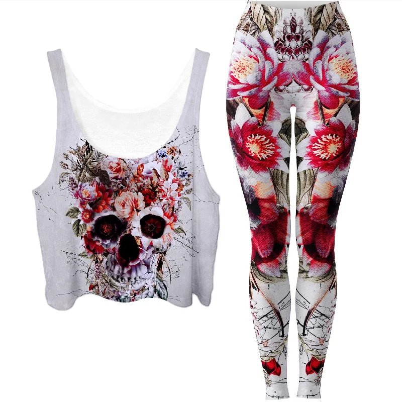 Floral Skull Crop Top and Leggings Combo Real Fur Shearling Chenille