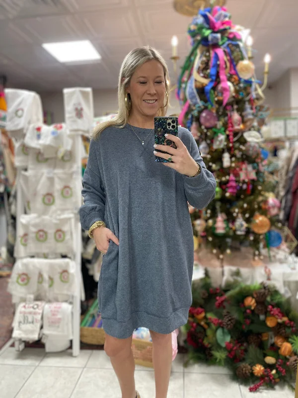 Navy Long Sleeve Sweatshirt Dress Hoodie with Toggle Buttons Decorative Unique