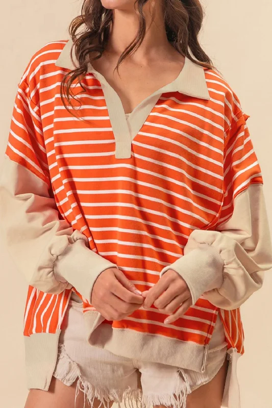Hazel Blues® |  Striped Johnny Collar Long Sleeve Sweatshirt Hoodie with Strings Custom Fit Adjustable