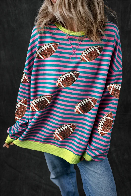 Hazel Blues® |  Striped Football Long Sleeve Sweatshirt Hoodie with Hem Fringe Bohemian Relaxed