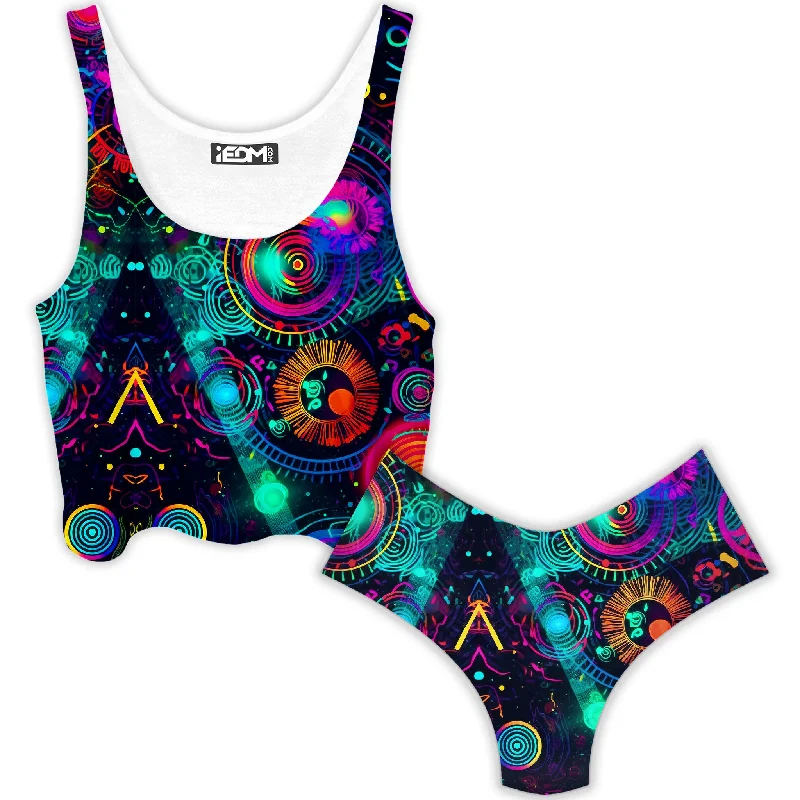 Retro Trip Crop Top and Booty Shorts Combo Spandex Blend Rayon Blend Denim Blend