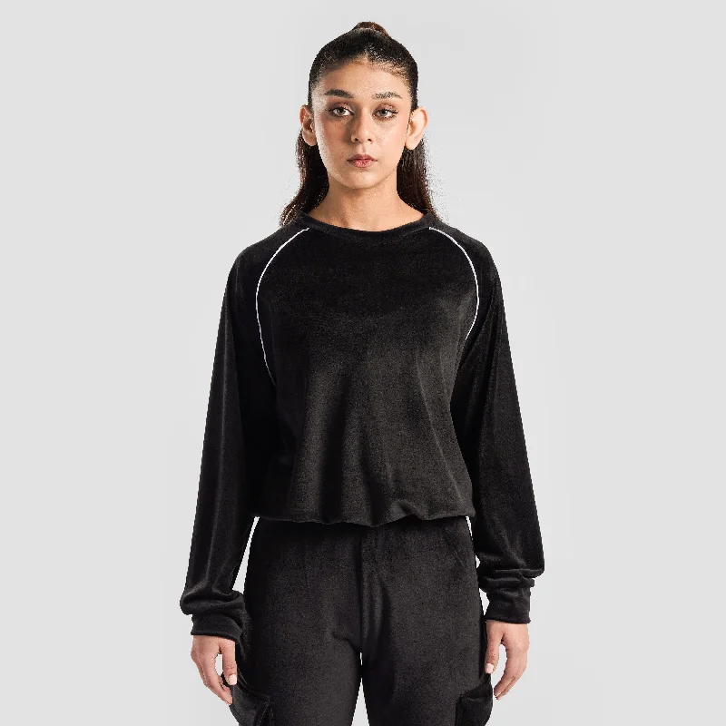 Velour SweatShirt (Black) Hoodie with Cropped Fit Short Trendy