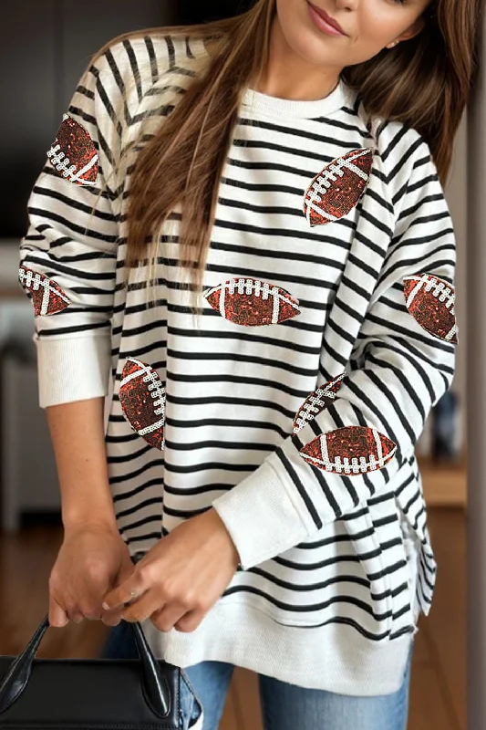Hazel Blues® | Sequin Football Striped Long Sleeve Sweatshirt Hoodie with Hem Contrast Bold Stylish Hazel Blues® | Sequin Football Striped Long Sleeve Sweatshirt Hoodie with Hem Contrast Bold Stylish