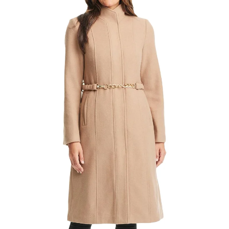 Vince Camuto Womens Belted Trench Wool Coat Mesh Canvas Denim