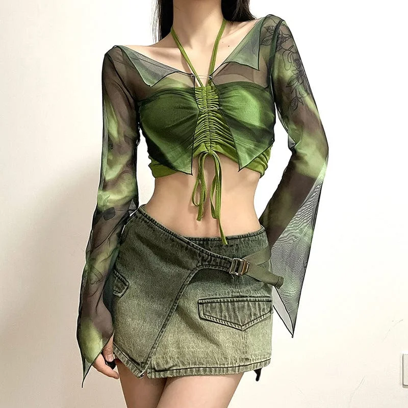Women's Grunge Drawstring Halterneck Crop Top with Mesh Top Ribbed Crop Top High Neck Heavyweight Women's Grunge Drawstring Halterneck Crop Top with Mesh Top Ribbed Crop Top High Neck Heavyweight