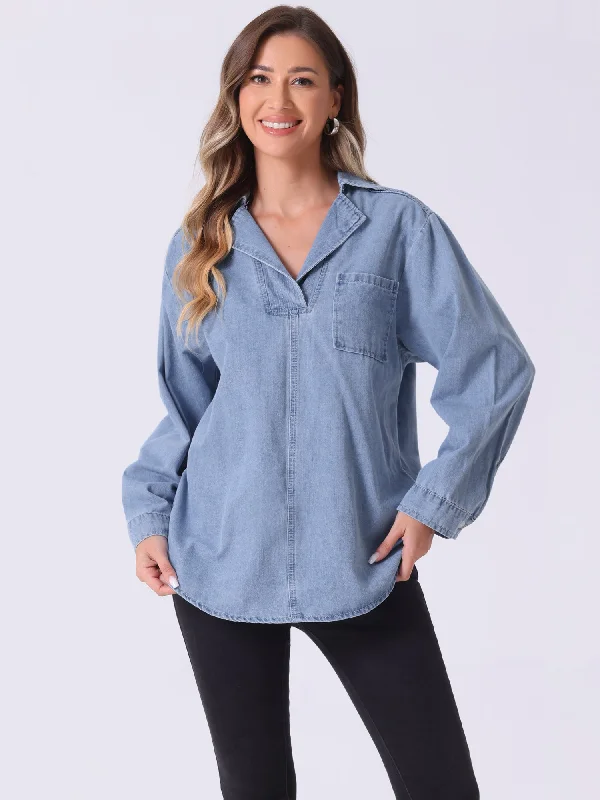 Denim Pullover Collared Long Sleeve Casual Jean Blouses Cold Shoulder Design