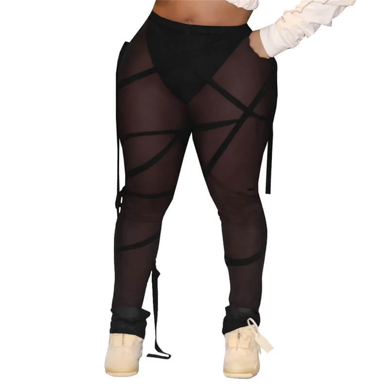 Women Sexy See-Through Mesh Bandage Leggings Fashionable Minimal Active Leggings